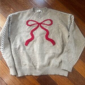 Main Strip Camel Preppy Boutique Crewneck Sweater with Red Bow Accent NWOT